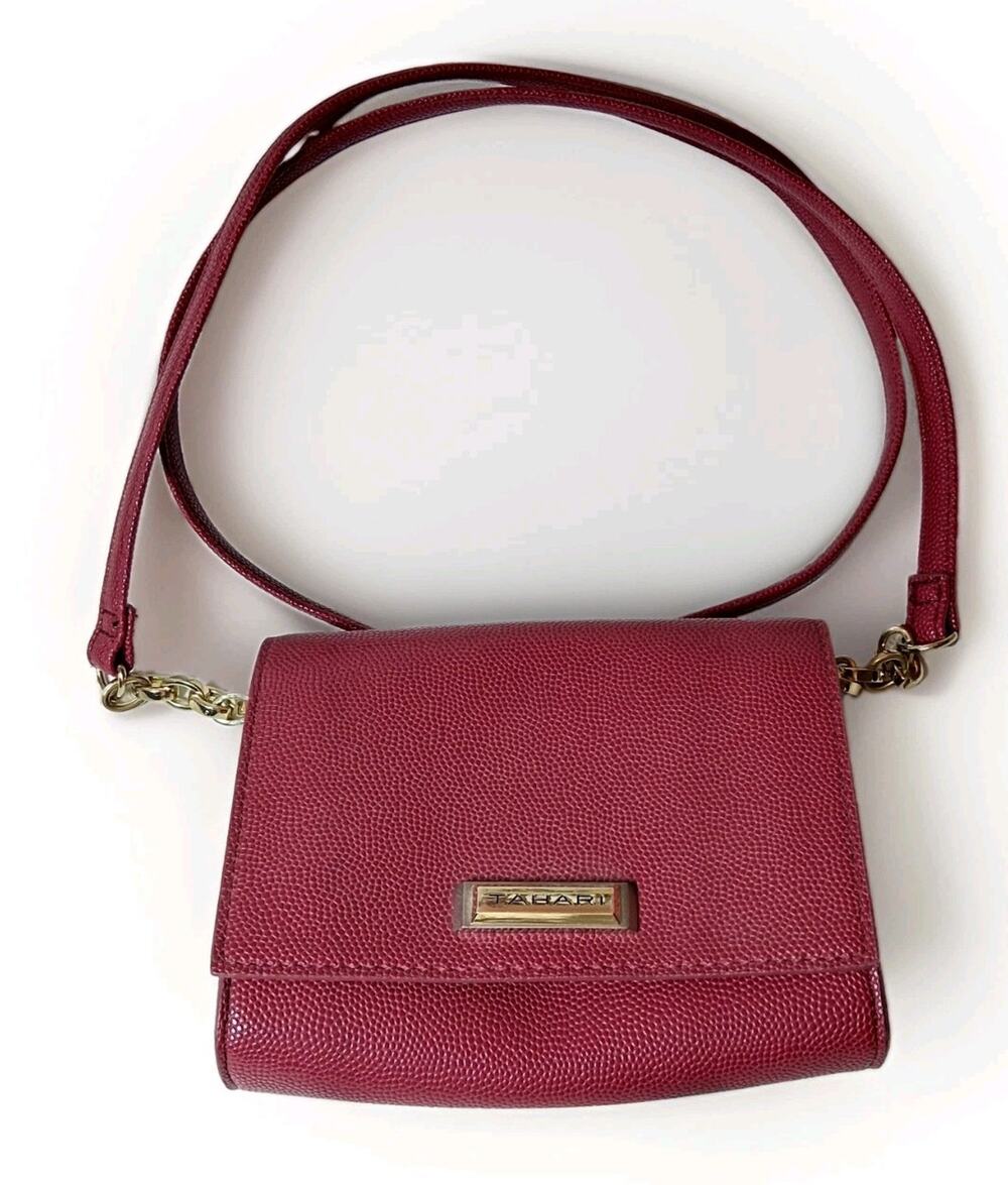 Tahari Burgundy Red Pebbled Faux Leather Small Crossbody Shoulder Bag Purse